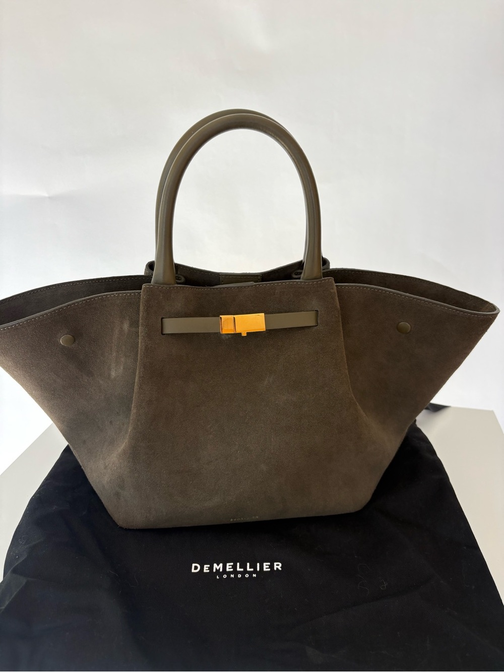 DeMellier Dark Olive Suede Tote with Gold Hardware